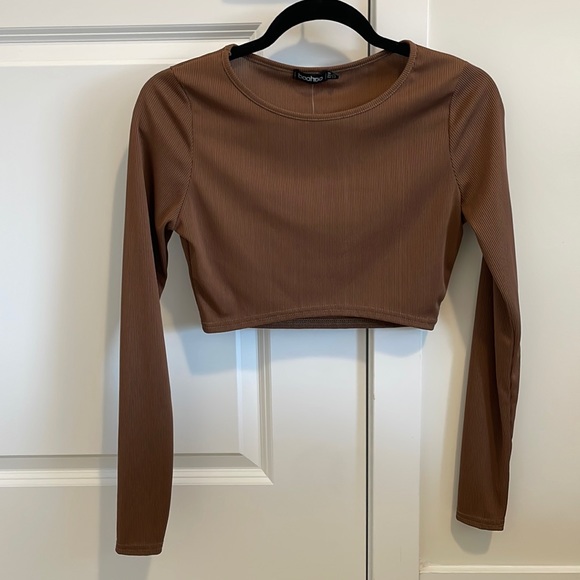 Boohoo Brown Ribbed Cropped Top - Picture 1 of 6